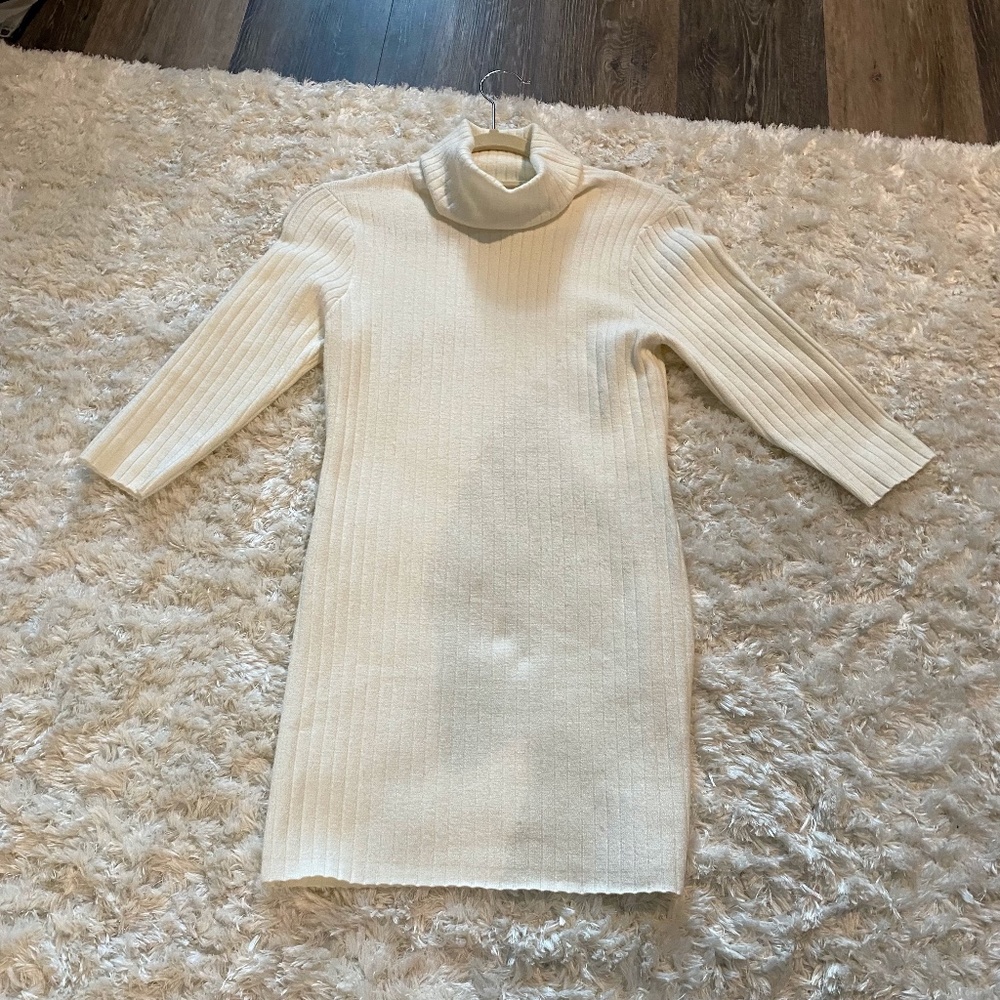 white ribbed 3/4 sleeve turtle neck sweater dress